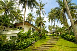 "Modern, luxury and exotic villa in the tropic island. Visible are many villas in the luxury resort, beach chairs and tables, fantastic cloudscape, many palm trees and green grass in the yard.See more images like this in:"